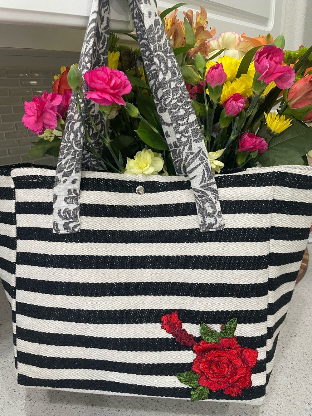 Handmade by Martini Pink Striped Tote Bag with dimensional Red Heart and Rose. - Picture 3 of 12